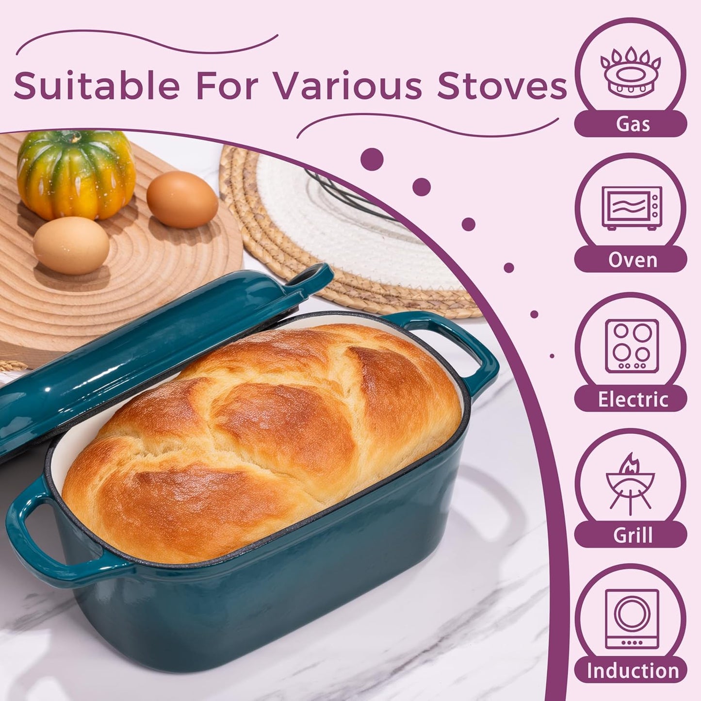 4.6-Quart Oval Dutch Oven for Bread Baking, 2 in 1 Enameled Cast Iron Bread Pan with Lid, Sourdough Bread Dutch Oven for a Crispy Crust, Teal