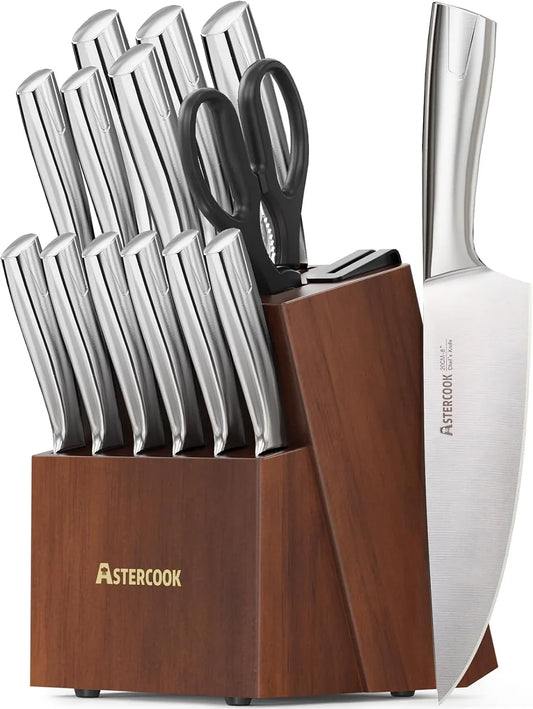 Knife Set, Kitchen Knives Set with Block and Sharpener Full Tang 15 Pcs Premium Stainless Steel Knives, Dishwasher Safe Knife Set with Anti-Slip Ergonomic Handle, Walnut
