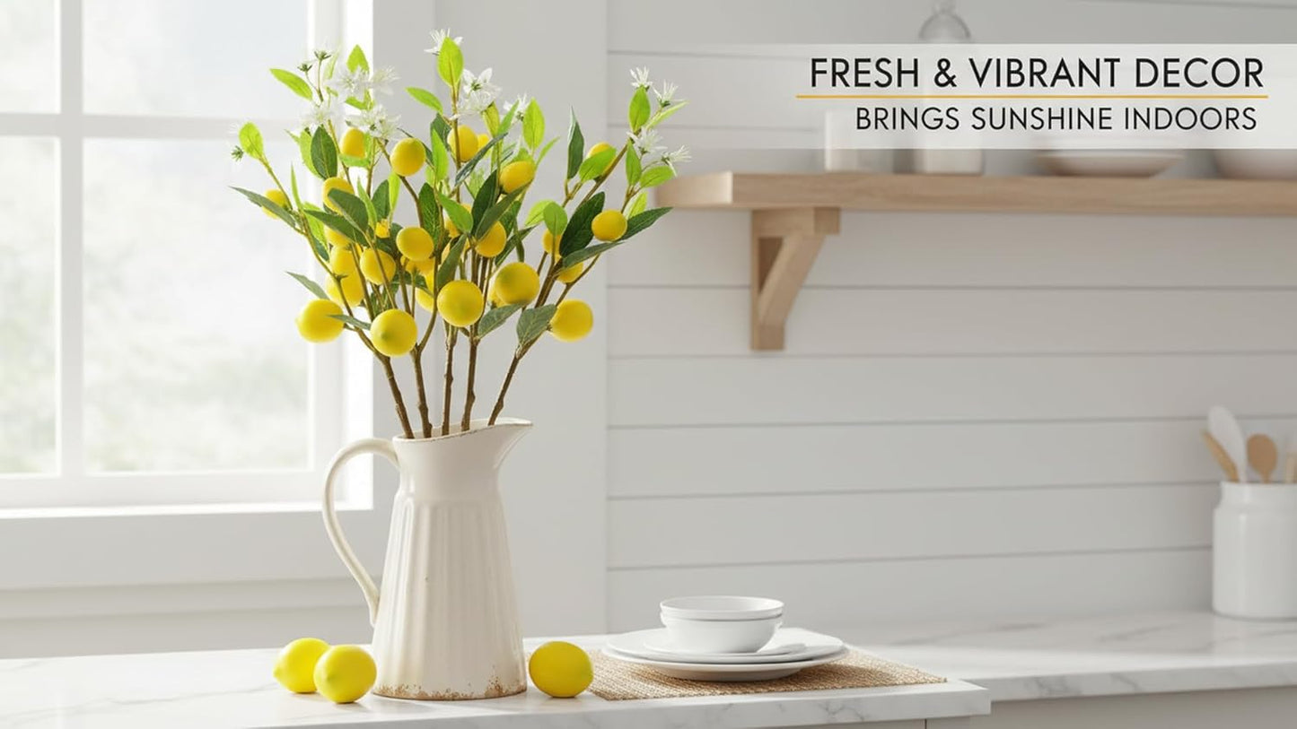 5Pcs Artificial Lemons Branches 24 Inch Fake Fruit Simulation Lemon with Stem for Kitchen Decoration Farmhouse Flower Arrangement Themed Party Table Home Decor