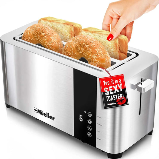 Ultratoast Stainless Steel Toaster 4 Slice – Extra-Wide 1.6" Slots for Artisan Bread, Bagels & Frozen Waffles, 6 Browning Levels, LED Display, Cancel/Defrost/Reheat, Removable Crumb Tray