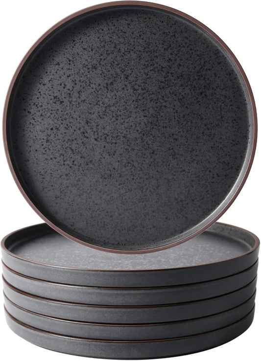Dinner Plates,Ceramic Dinner Plates Set of 6,10.75 Inch Large Ceramic Plates,Modern Shape Dinnerware Dishes Set for Kitchen, Microwave & Dishwasher & Oven Safe-Coffee Rim