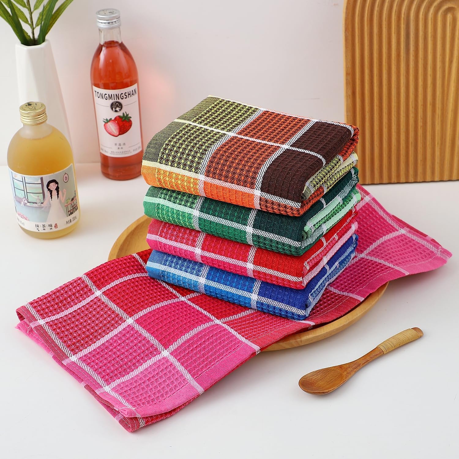 Bright Large Kitchen Towels, 4-Pack, 16 Inch X 26 Inch Buffalo Check Dish Towels for Washing Drying Dishes, Colorful Waffle Design Tea Towel Bar Towel, Buffalo