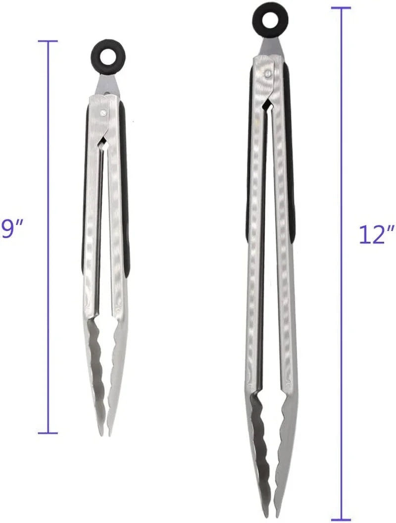 304 Stainless Steel Kitchen Cooking Tongs, 9" and 12" Set of 2 Sturdy Grilling Barbeque Brushed Locking Food Tongs with Ergonomic Grip, Black
