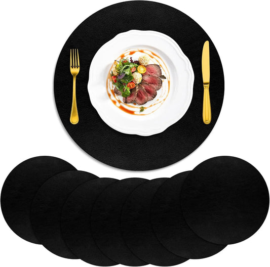 Placemats, Heat Resistant round Placemats Set of 8 Washable, Waterproof Table Mats, Wipeable Faux Leather Place Mats for Kitchen, Dining Room, Black
