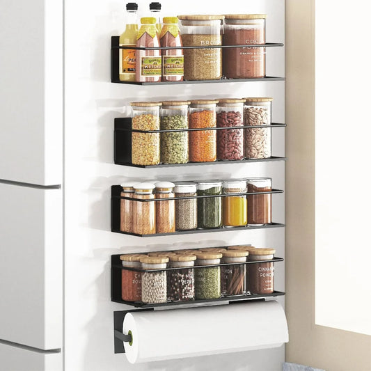 Magnetic Spice Rack for Refrigerator, Magnetic Fridge Shelf for Kitchen, Magnetic Shelf for Fridge Space Saving Black 4 Pack with Magnetic Paper Towel Holder