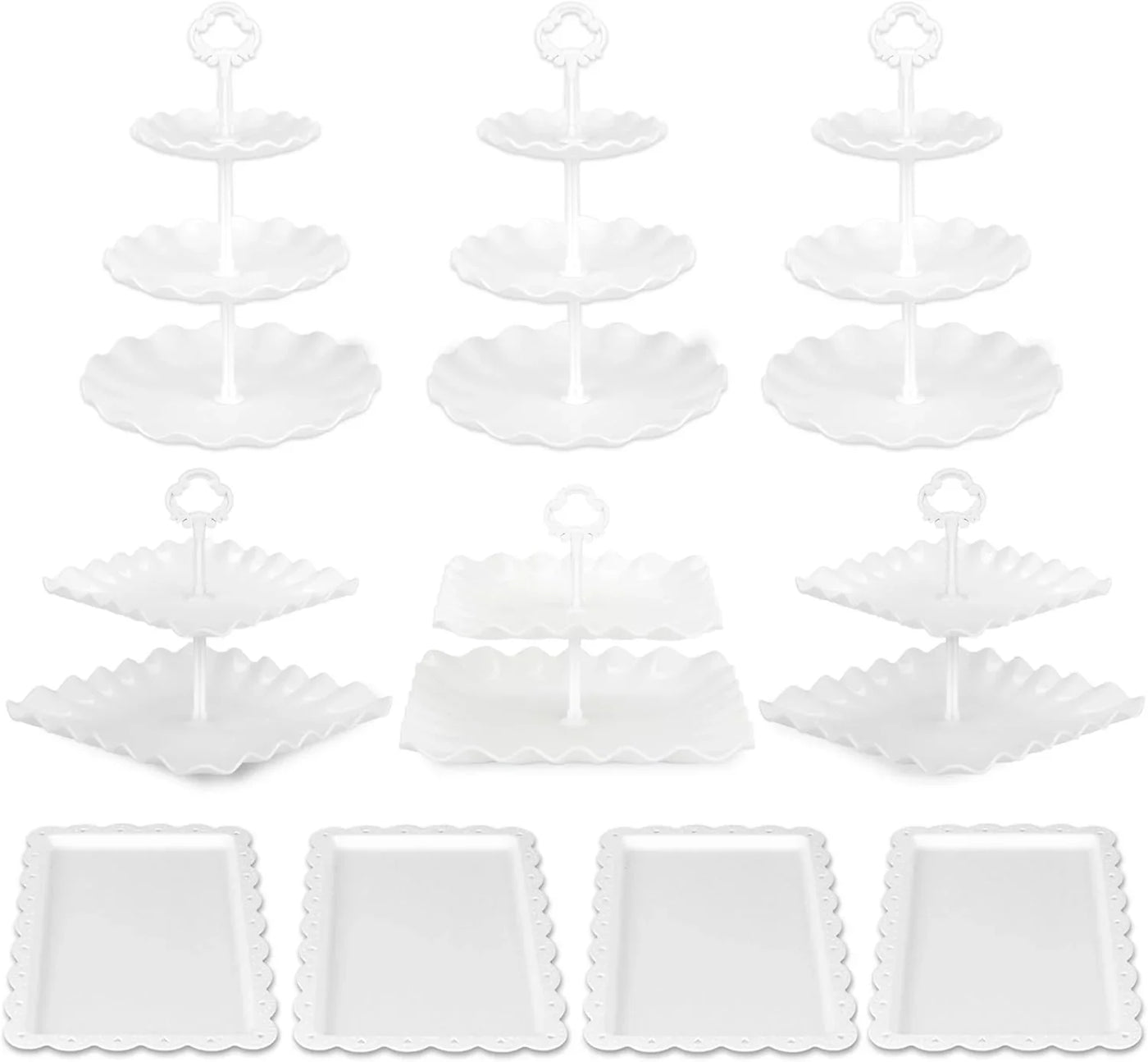 Pack of 10  Cake Stand Set, with 3 X Two-Tier and 3 X Three-Tier Cupcake Stands, 4 X Appetizer Trays, 1 X Tablecloth for Birthday Bridal Baby Shower Party (White)