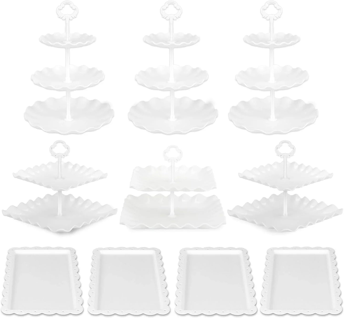 Pack of 10  Cake Stand Set, with 3 X Two-Tier and 3 X Three-Tier Cupcake Stands, 4 X Appetizer Trays, 1 X Tablecloth for Birthday Bridal Baby Shower Party (White)