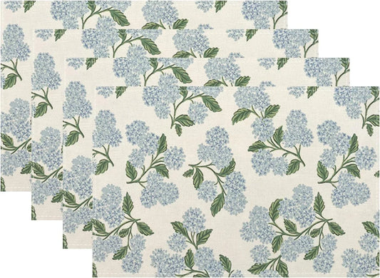 Blue Green Spring Placemats Set of 4 Hydrangea Flower Decor Place Mats 12X18 Inch Vintage Floral Summer Seasonal Decorative Linen Table Mats for Home Kitchen Dining Party Table Decoration