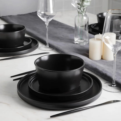 Celina Stoneware 16 Piece Modern Dinnerware Set, Plates and Bowls, Black Matte, Service for 4, Microwave & Dishwasher Safe
