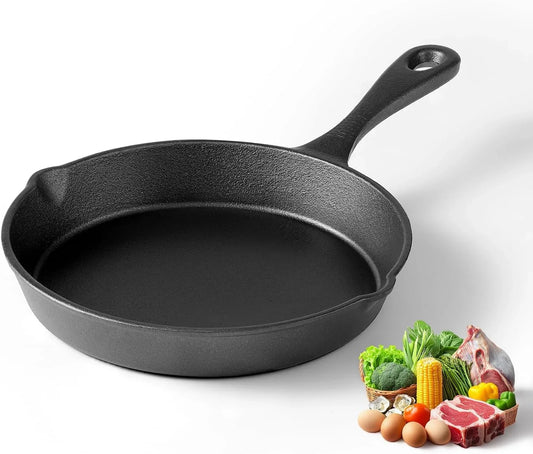Cast Iron Skillets, 8 Inch Frying Pan with Teardrop Handle, Oven Safe, Durable Camping Cookware for Stove & Grill Use, Indoor/Outdoor