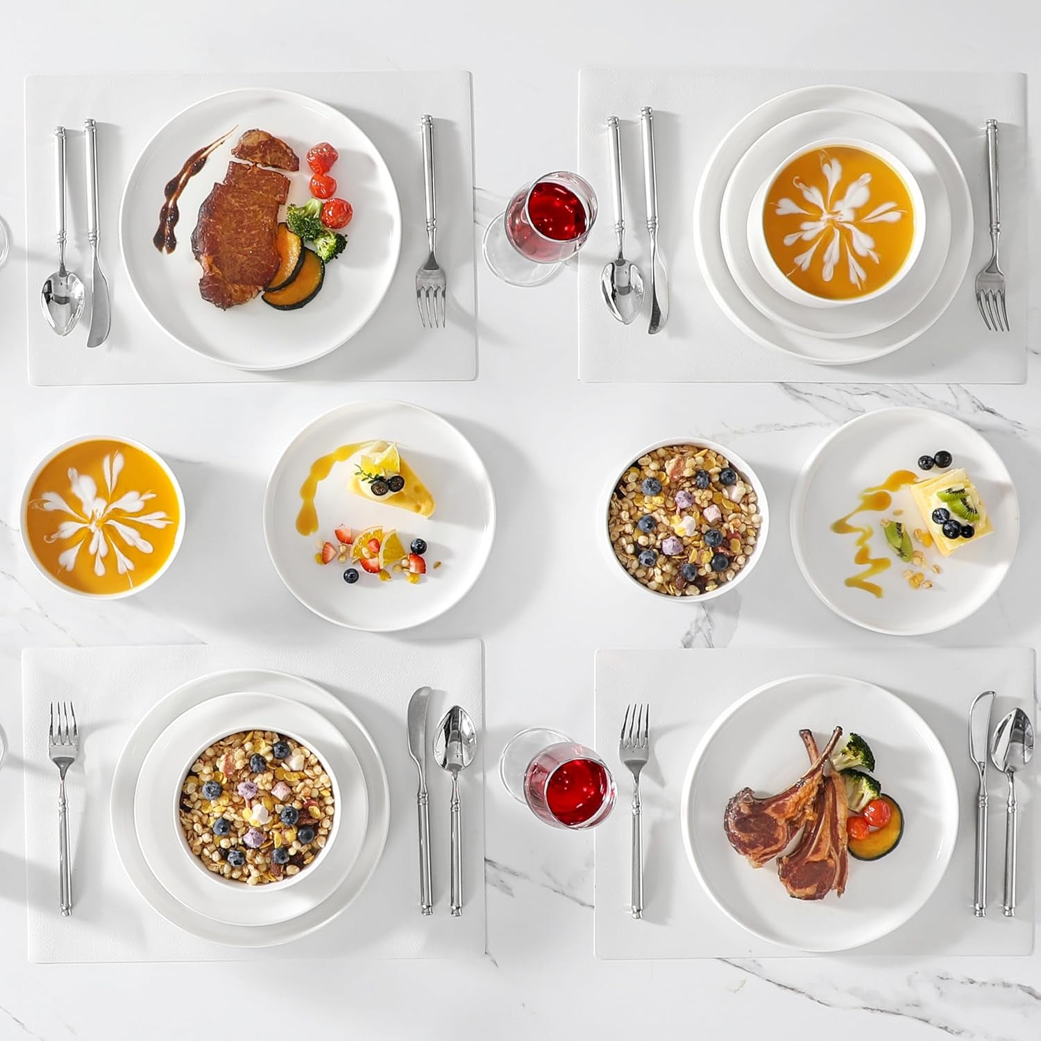 24 Pieces Porcelain Dinnerware Set, Modern White Dish Set for 8, Premium Serving Plates and Bowls Sets, Chip and Scratch Resistant Dishware Sets Kitchen Dishes Dining Ware Set, Series LEAH