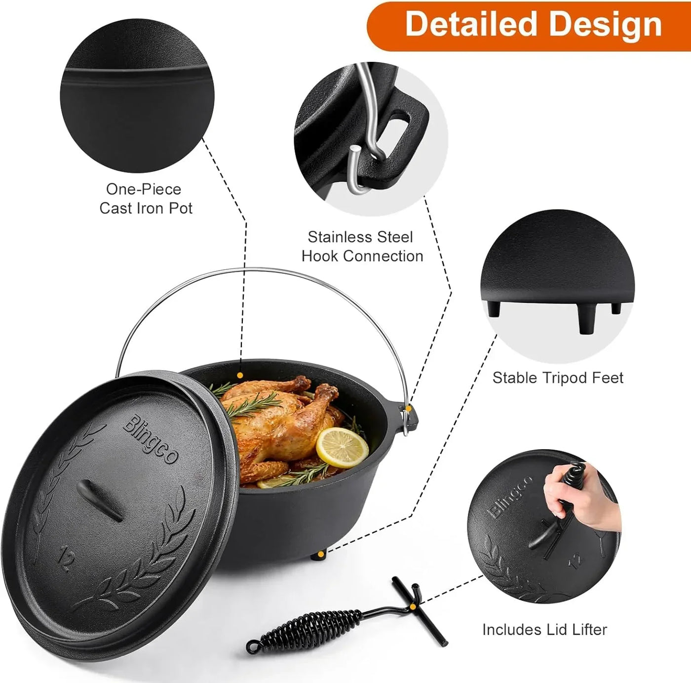 Cast iron pot with lid, tripod feet, and lid lifter for roasting chicken