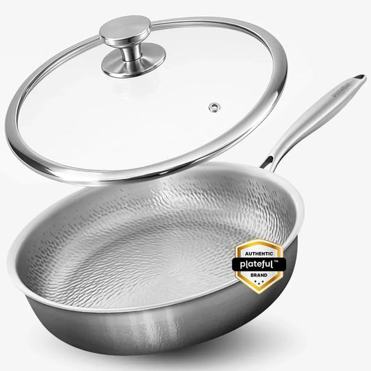 Titanium Pan for Cooking 12" - Pure, No Coating Non-Stick Titanium Cookware, Frying Pans, Hammered Pan, Safe for Oven, Induction & Cooktops up to 750°F, Includes Lid