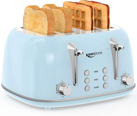 Toaster 4 Slice, Retro Stainless Steel Wide Slot Toaster with Dual Independent Controls, 6 Browning Levels, Bagel, Defrost, Reheat & Cancel, Removable Crumb Tray, Blue