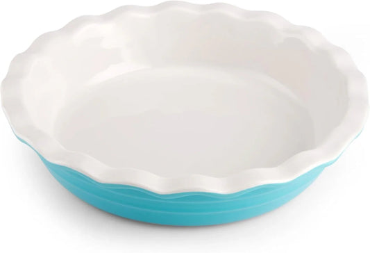 Bakers Advantage 10 Inch Pie Dish, Stoneware Pie Pan with Scalloped Edge, Two-Tone Teal and Ivory Ceramic Pie Plate for Baking Quiche, Casseroles, and Deep Dish Pies