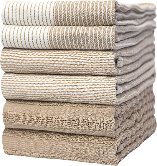 Premium Kitchen Towels (20”X 28”, 6 Pack) | Large Cotton Dish Towels | Flat & Terry Highly Absorbent Kitchen Linen Set with Hanging Loop | Tan