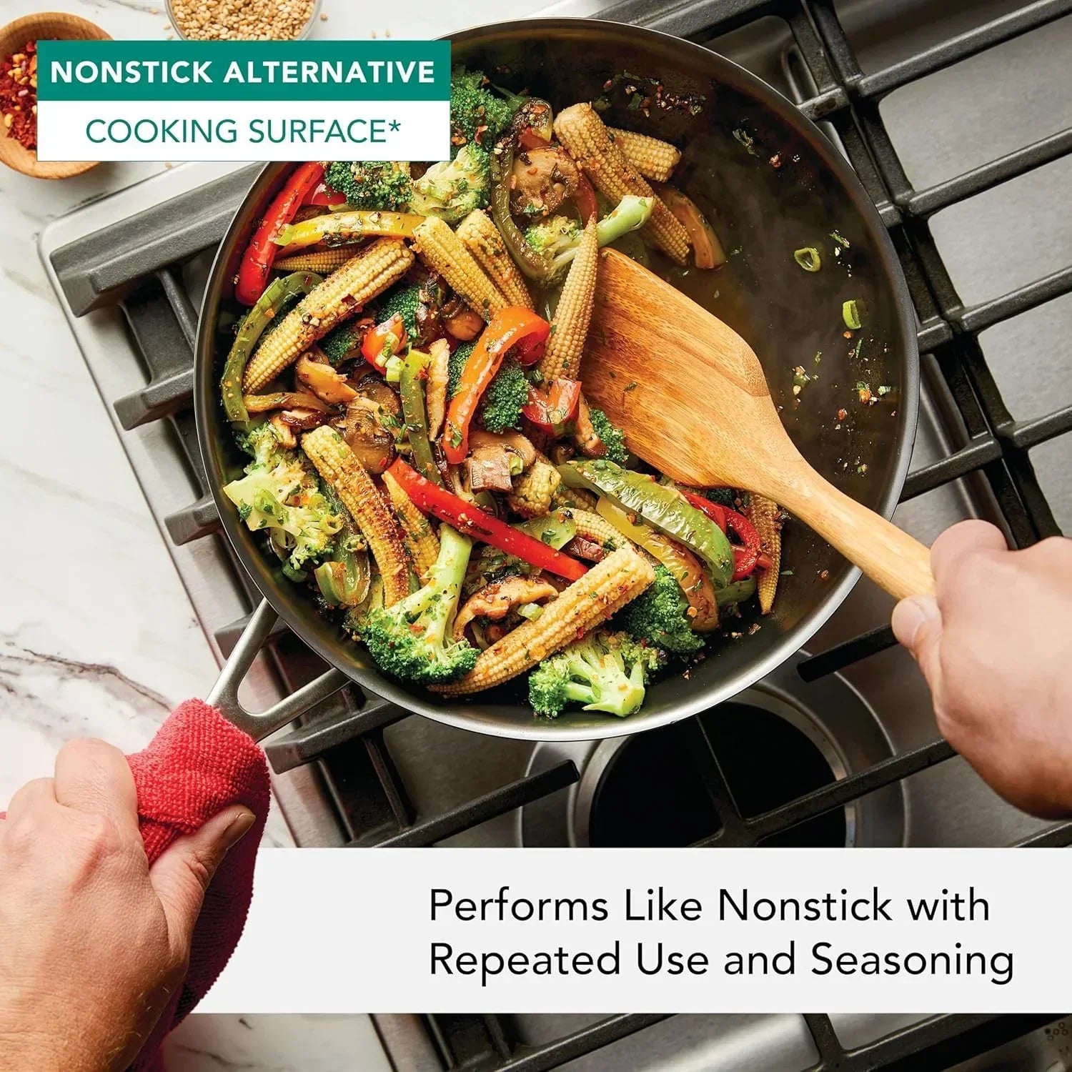 Stir-frying vegetables in a nonstick alternative pan on a gas stove with wooden spatula.
