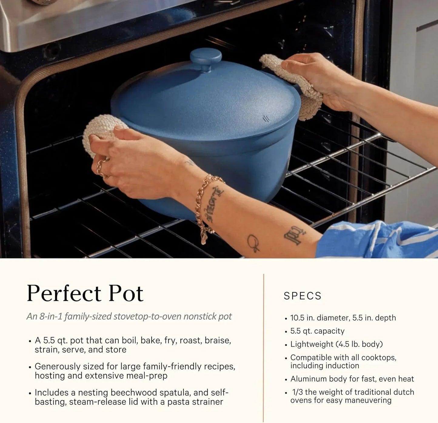 Blue nonstick stovetop-to-oven pot being placed in oven with oven mitts, ideal for baking, roasting, and family meals