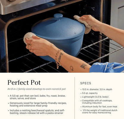 Blue nonstick stovetop-to-oven pot being placed in oven with oven mitts, ideal for baking, roasting, and family meals