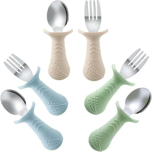 Baby Toddler Fork and Spoon Utensil Set, 6 Pack Silicone Stainless Steel Silverware Spoon Fork for Babies Toddler, BPA Free with Silicone Holding Anti-Choke Design (Green Blue Brown)