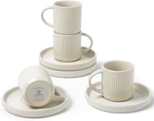 Star Espresso Cups and Saucers Set of 4, [ Mini ] 3 Oz Ceramic Small Coffee Mug with Handle, Ribbed Stoneware Demitasse Cup for Tea, Latte - Microwave & Dishwasher Safe - Matte White