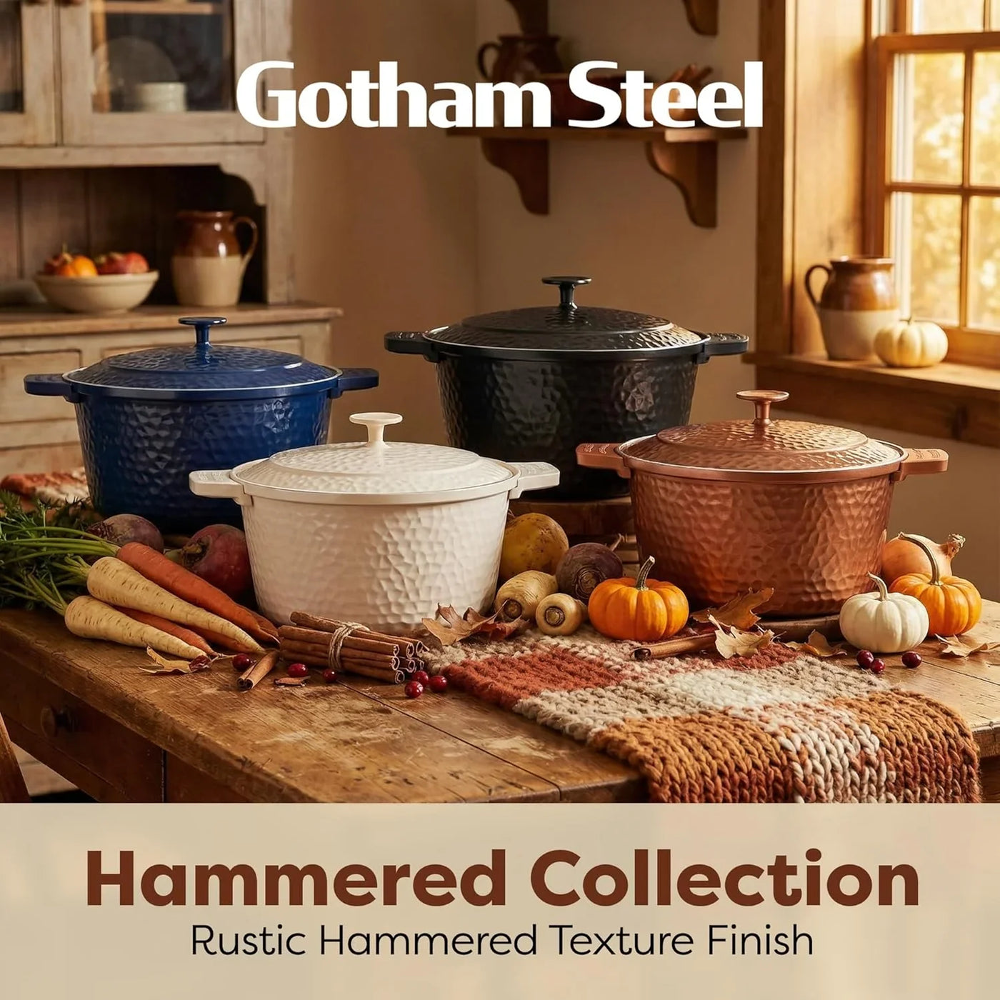 Hammered 5 Qt Lightweight Dutch Oven Pot with Lid & Holders, Ceramic Non Toxic, Oven Safe & Even Heat Retaining Dutch Oven for Bread Baking Sourdough, Soup, 70% Lighter than Cast Iron