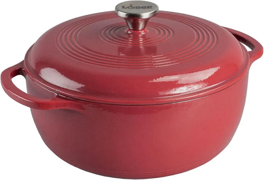 Essential Enamel Cast Iron Dutch Oven - Perfect for Bread Baking, Braising, Marinating & Slow Cooking - Features Moisture-Sealing Lid & Dual Handles - Kitchen Essentials - 6 Quarts - Cranberry