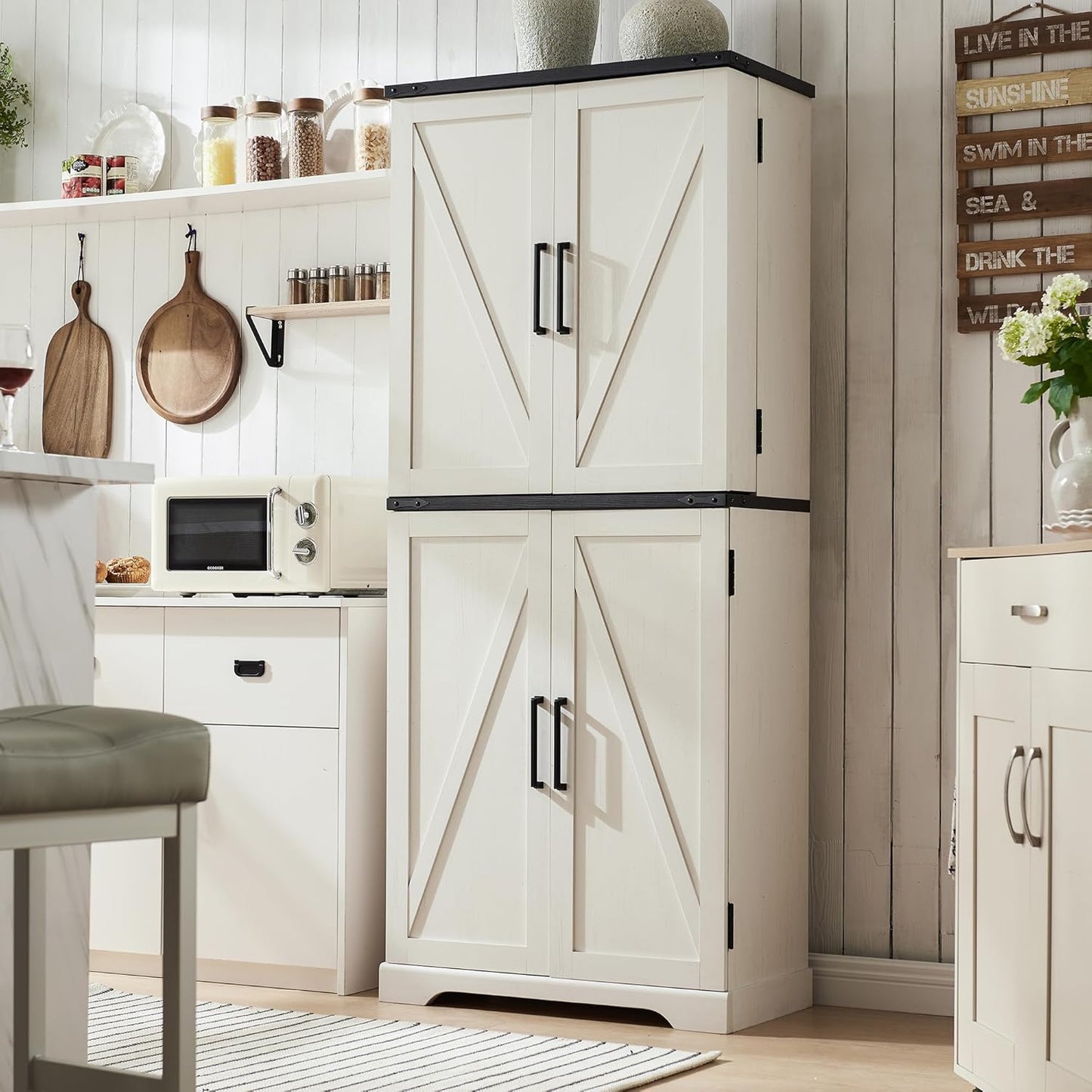 72" Tall Kitchen Pantry, Farmhouse Storage Cabinet with Barn Doors, Organizer, Drawer and Adjustable Shelves, Rustic Wood Cupboard for Kitchen, Dining Room, Bathroom, off White | Barn Doors, Organizer, Drawer, Adjustable Shelves, Cupboard