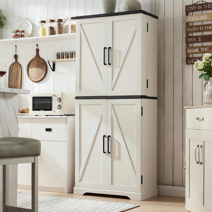 72" Tall Kitchen Pantry, Farmhouse Storage Cabinet with Barn Doors, Organizer, Drawer and Adjustable Shelves, Rustic Wood Cupboard for Kitchen, Dining Room, Bathroom, off White | Barn Doors, Organizer, Drawer, Adjustable Shelves, Cupboard
