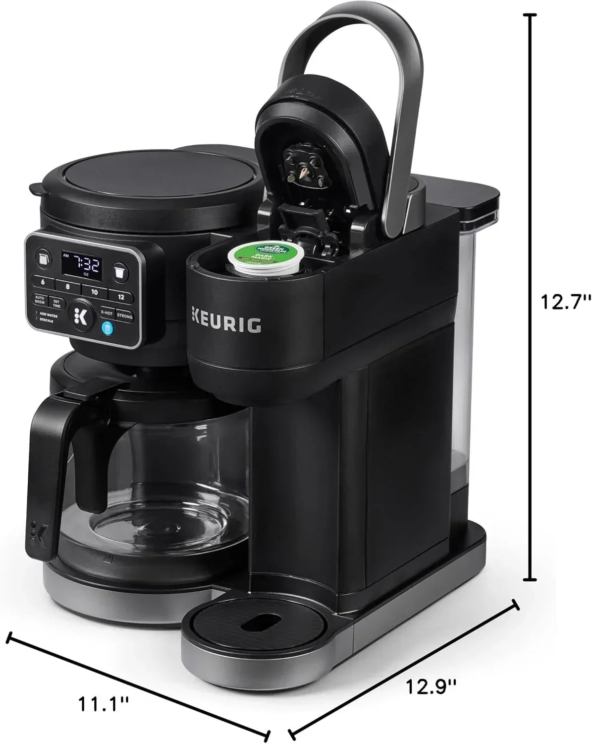 Keurig coffee maker with K-Cup pod, digital display, and glass carafe, compact kitchen appliance for brewing coffee