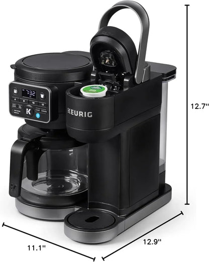 Keurig coffee maker with K-Cup pod, digital display, and glass carafe, compact kitchen appliance for brewing coffee