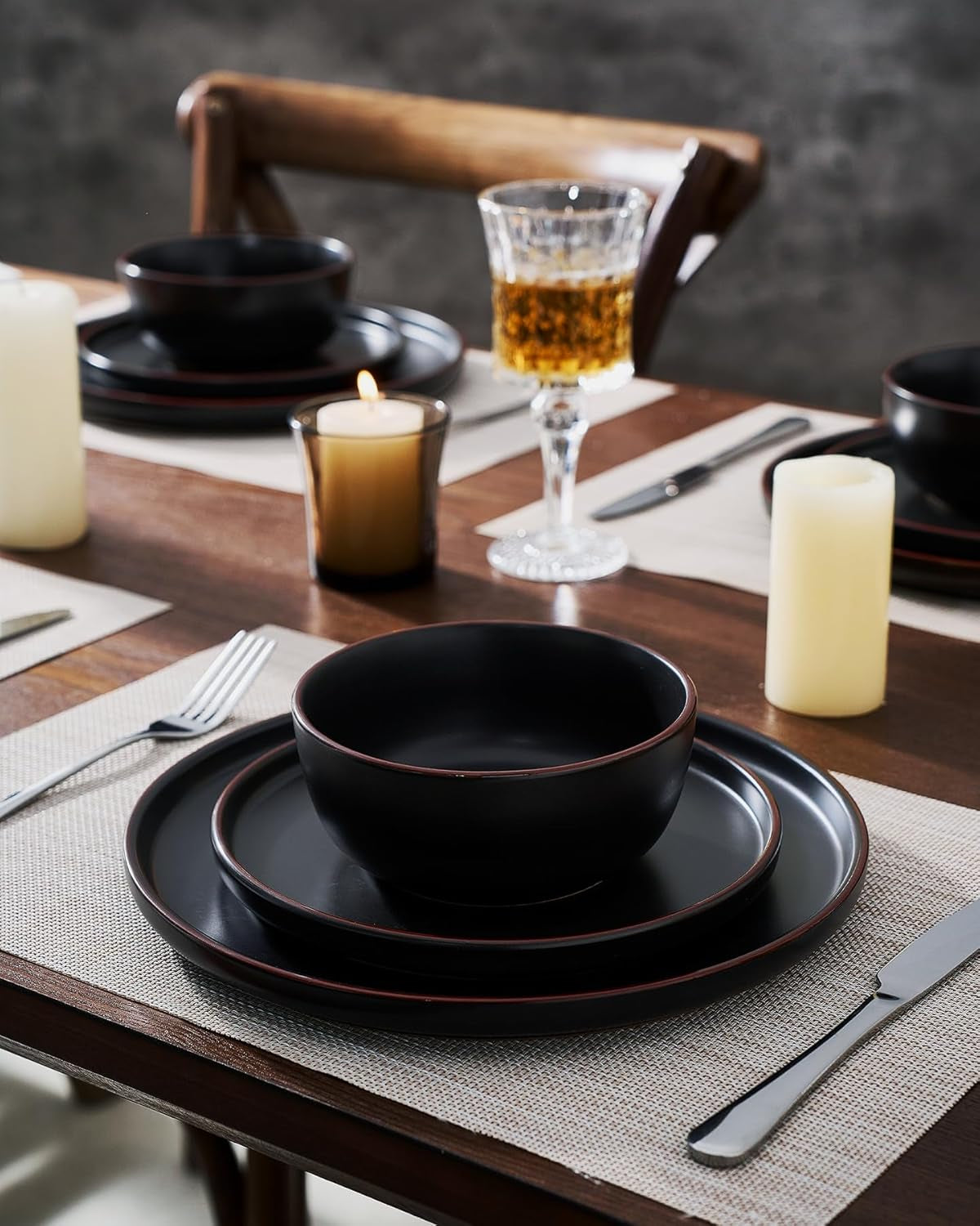 Mercury Dinnerware Sets with Mugs, Service for 4 (16 Pieces), Plates and Bowls Sets, Microwave and Dishwasher Safe Dishes Set, Matte Black