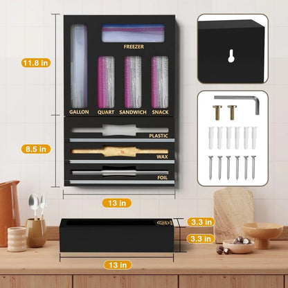 Wall-mounted kitchen storage organizer for plastic bags, foil, wax paper, with mounting hardware included