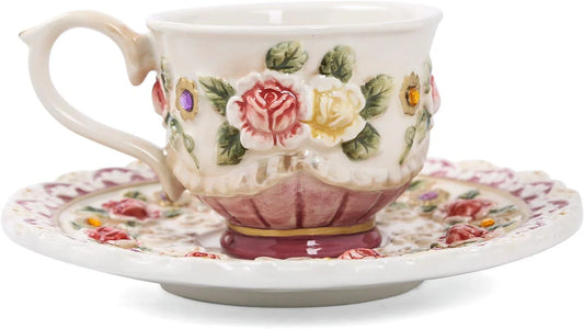 Ceramic Coffee Mug and Saucer Set for Women, Vitorian Hand-Painted Rose Flower Tea Cup - 3Oz(Red)