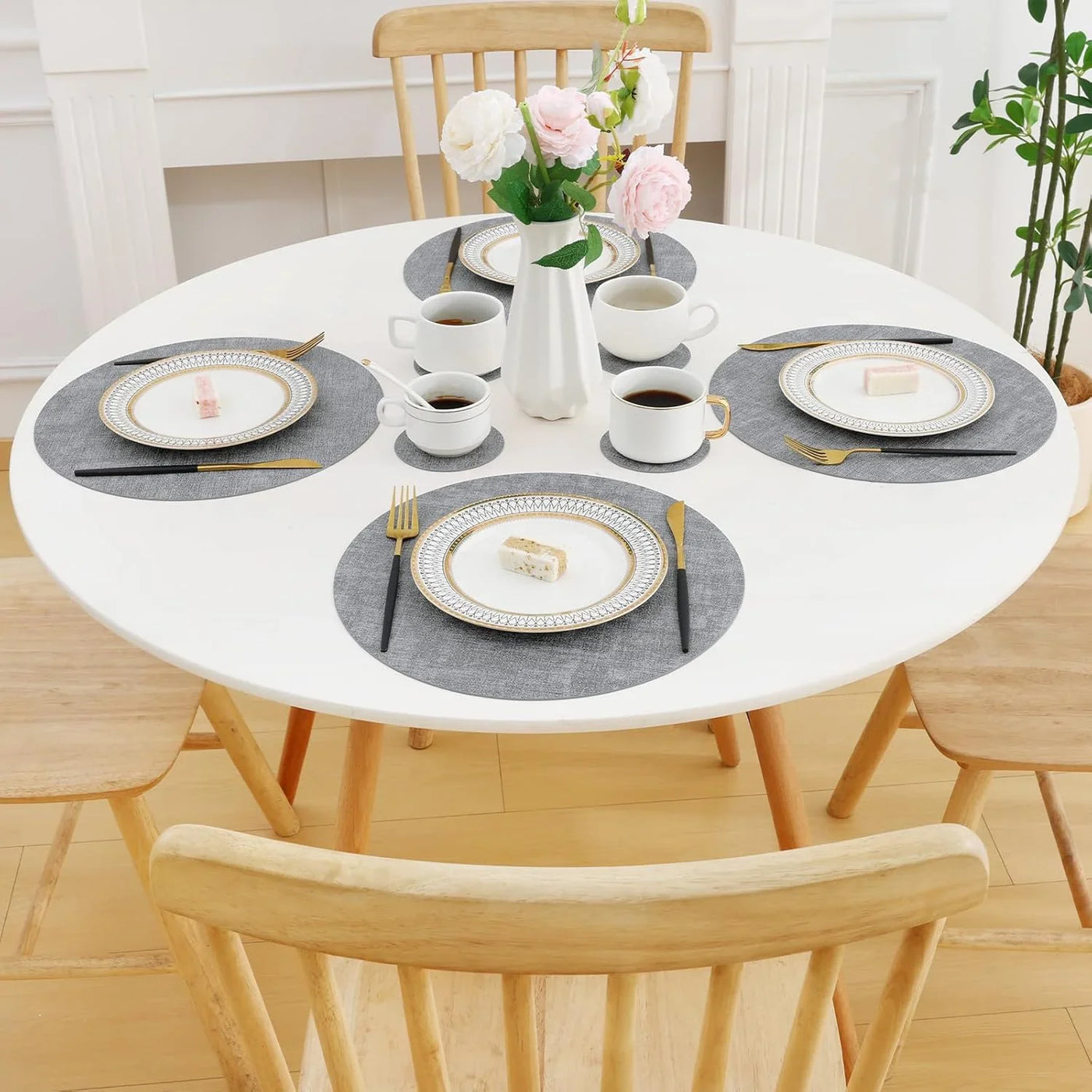 round Faux Leather Placemats and Coasters, Washable Dual-Side Table Mats, Wipeable Heat-Resistant Dining Place Mats for Outdoor and Indoor, Set of 6, Diameter 13 and 3.93 Inch, Light Grey