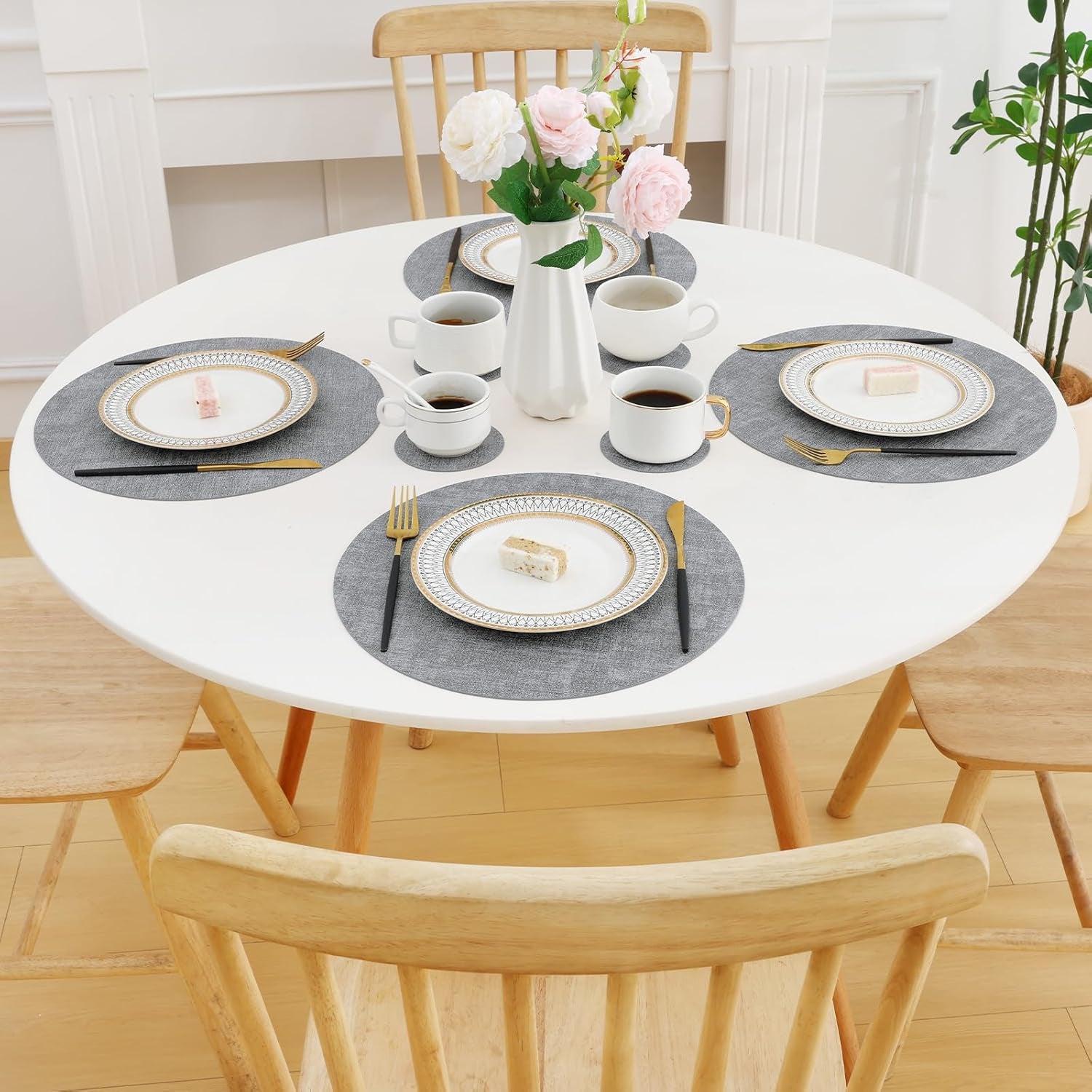 round Faux Leather Placemats and Coasters, Washable Dual-Side Table Mats, Wipeable Heat-Resistant Dining Place Mats for Outdoor and Indoor, Set of 6, Diameter 13 and 3.93 Inch, Light Grey