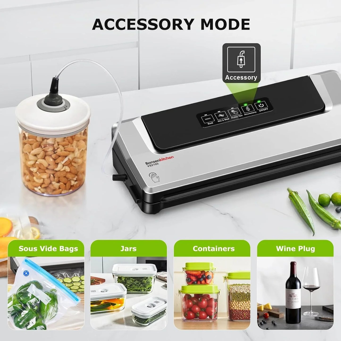 Vacuum Sealer Machine | Compact Food Sealer for Kitchen Storage & Meal Prep | Multiple Modes​​ | External Vacuum System | 5 Bags, Silver​​