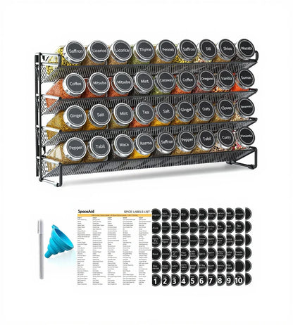 Spice Rack Organizer with 36 Spice Jars, 386 Spice Labels, Chalk Marker and Funnel Set for Cabinet, Countertop, Pantry, Cupboard or Door & Wall Mount - 36 Jars, 17.2" W × 10.8" H, Black
