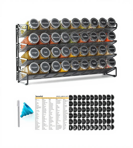 Spice Rack Organizer with 36 Spice Jars, 386 Spice Labels, Chalk Marker and Funnel Set for Cabinet, Countertop, Pantry, Cupboard or Door & Wall Mount - 36 Jars, 17.2" W × 10.8" H, Black
