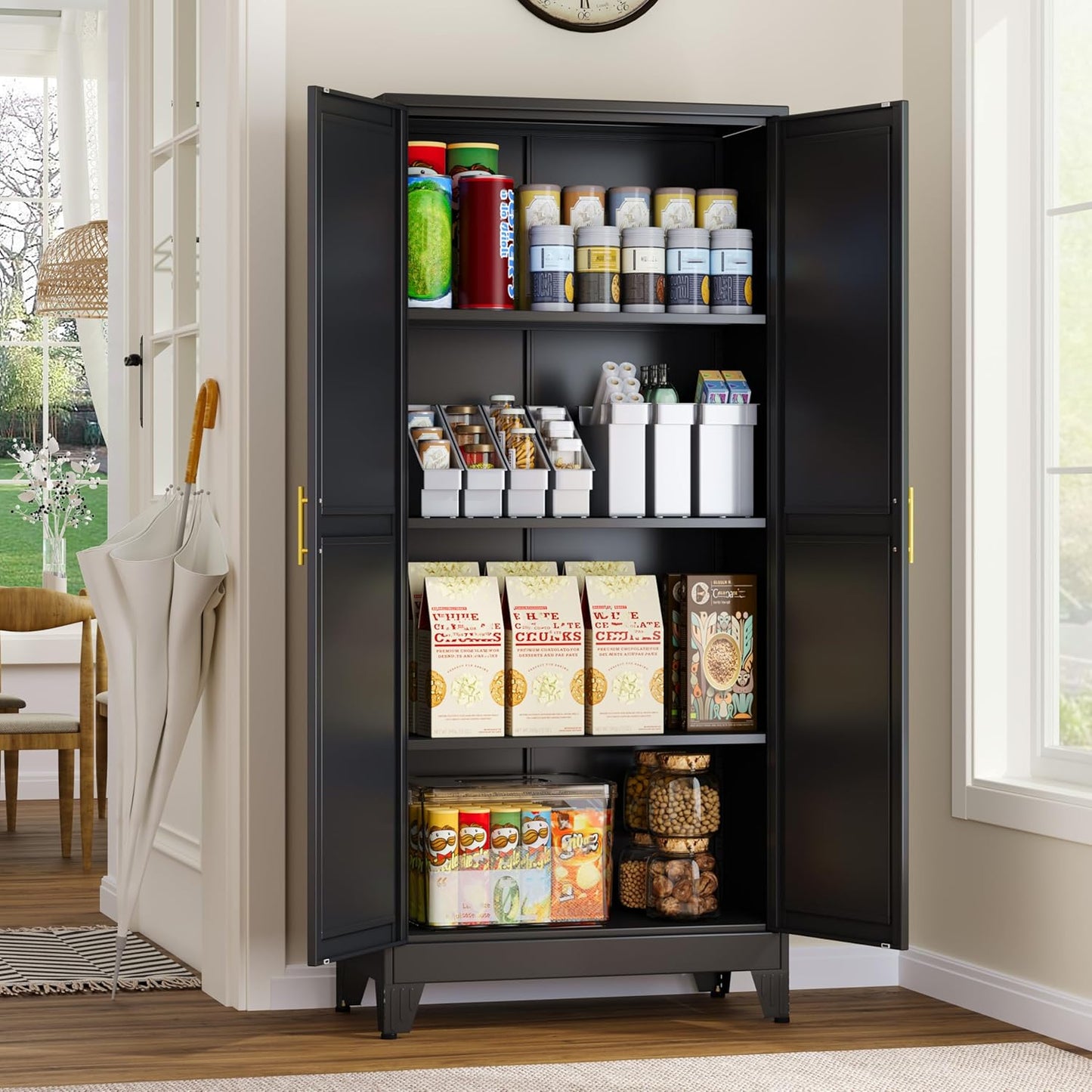 Metal Storage Cabinet with 2 Doors and 3 Adjustable Shelves, Black Kitchen Pantry for Food, Utility Cabinet for Laundry Room, Cupboard