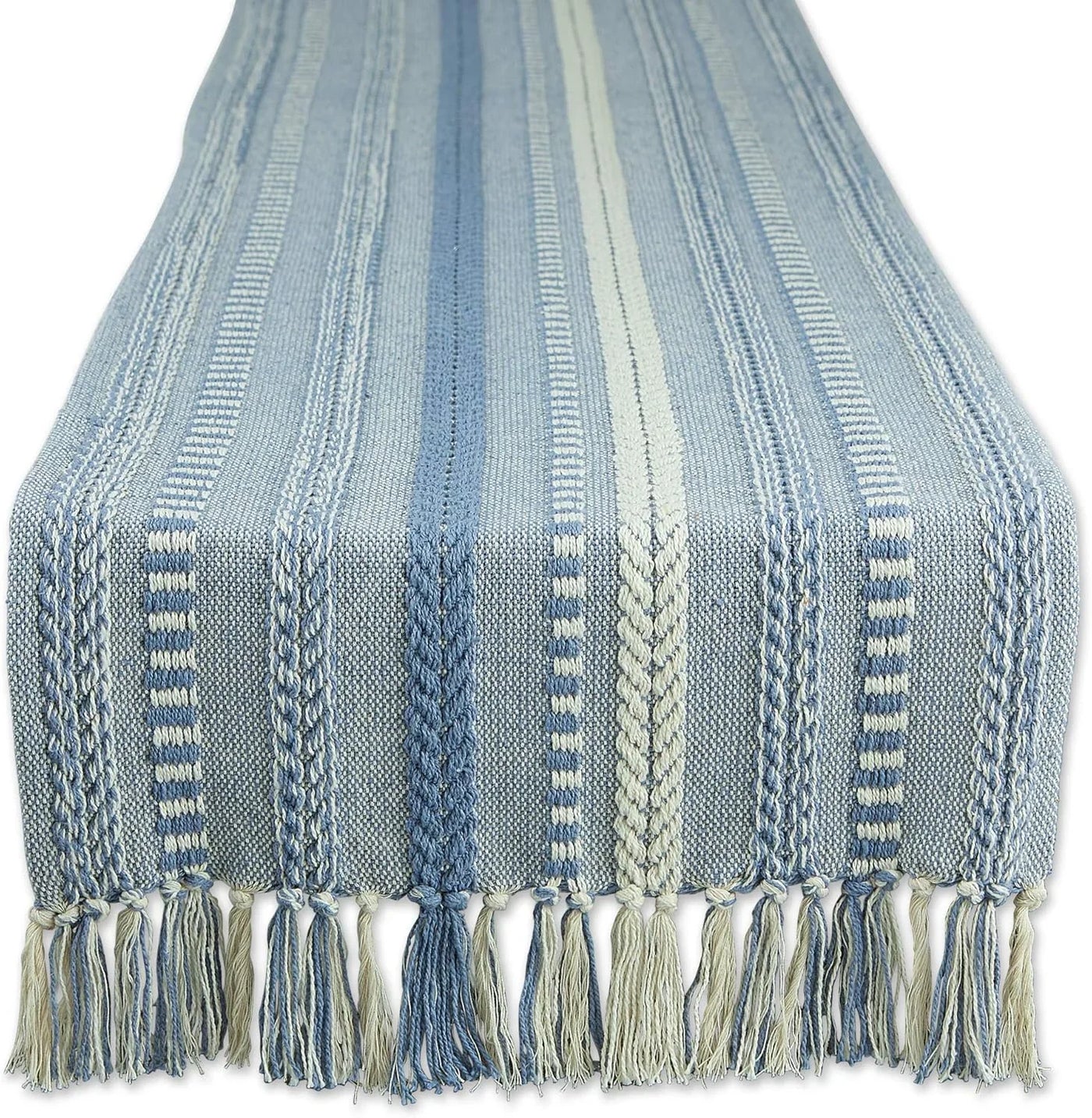 Farmhouse Braided Stripe Table Runner Collection, 15X72 (15X77, Fringe Included), Stonewash Blue
