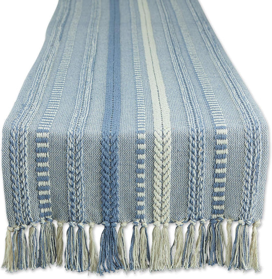 Farmhouse Braided Stripe Table Runner Collection, 15X72 (15X77, Fringe Included), Stonewash Blue