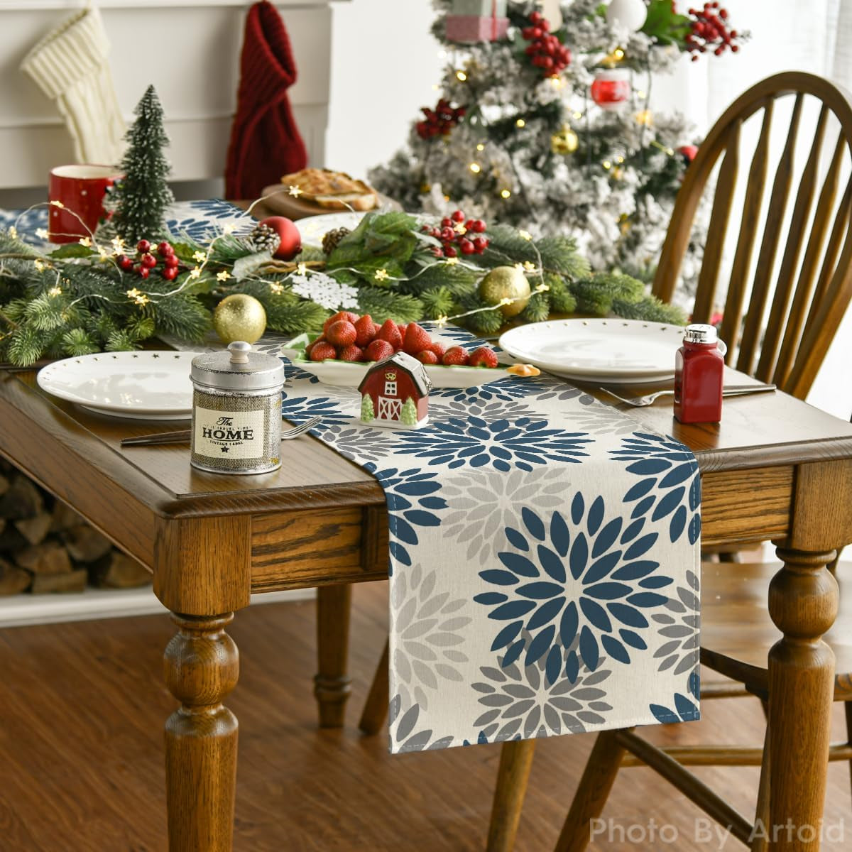 Dahlia Aqua Floral Pinnata Flower Summer Table Runner, Seasonal Winter Holiday Kitchen Dining Table Decoration for Home Party Decor 13X72 Inch