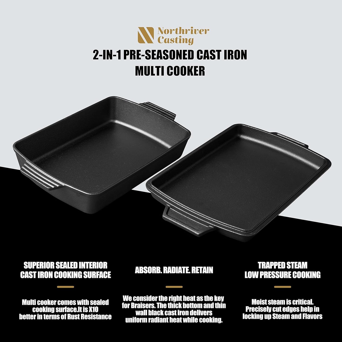 2-In-1 Pre Seasoned Cast Iron Dutch Oven with Skillet Lid,Casserole Dish,Rectangular Baking Pan,Griddle Pot Set, 6QT, 9"X13"