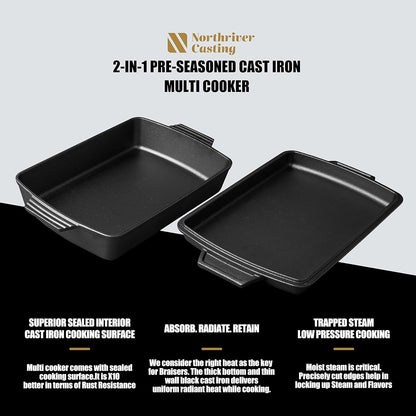 2-In-1 Pre Seasoned Cast Iron Dutch Oven with Skillet Lid,Casserole Dish,Rectangular Baking Pan,Griddle Pot Set, 6QT, 9"X13"