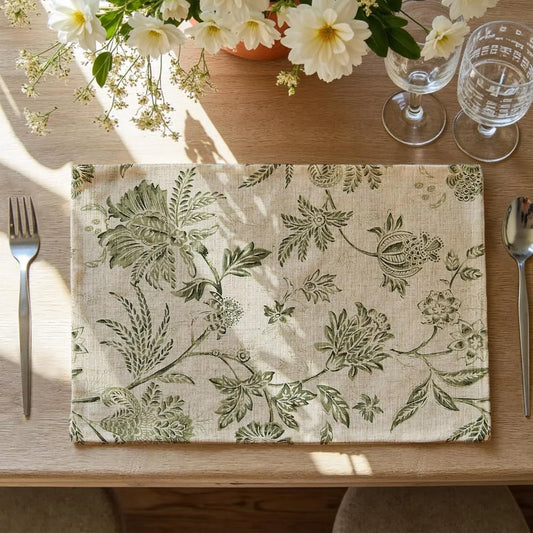 Linen Floral Fall Placemats Set of 4 Cloth Table Mats Rustic Cottagecore Jacobean Outdoor Seasonal for Kitchen Dining Table Decor Washable Tablemats 13X19 Inch Green