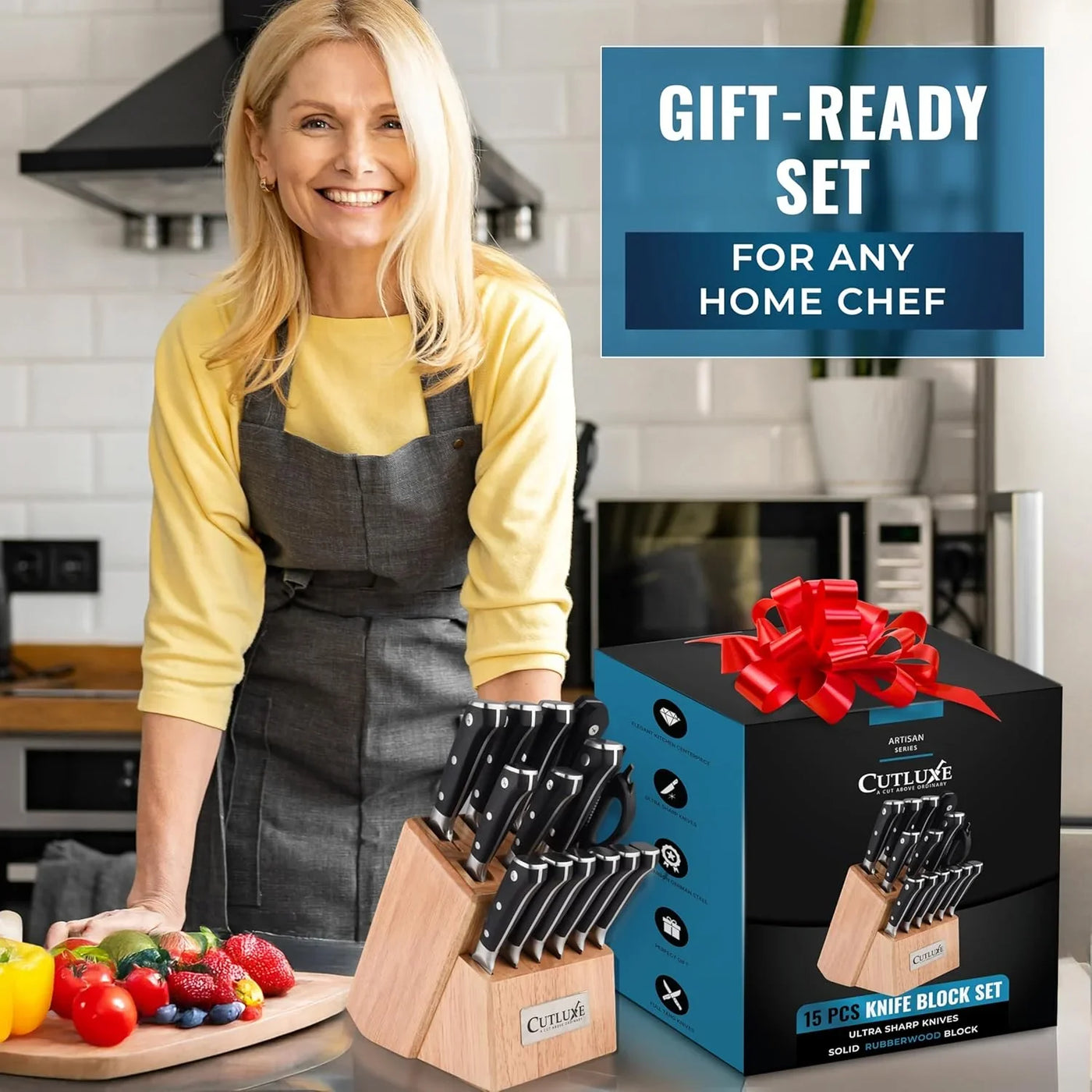 15-Piece Knife Set – Premium Rubberwood Wood Block – Knife Set for Kitchen, Ultra Sharp High Carbon German Stainless Steel, Full Tang – Artisan Series