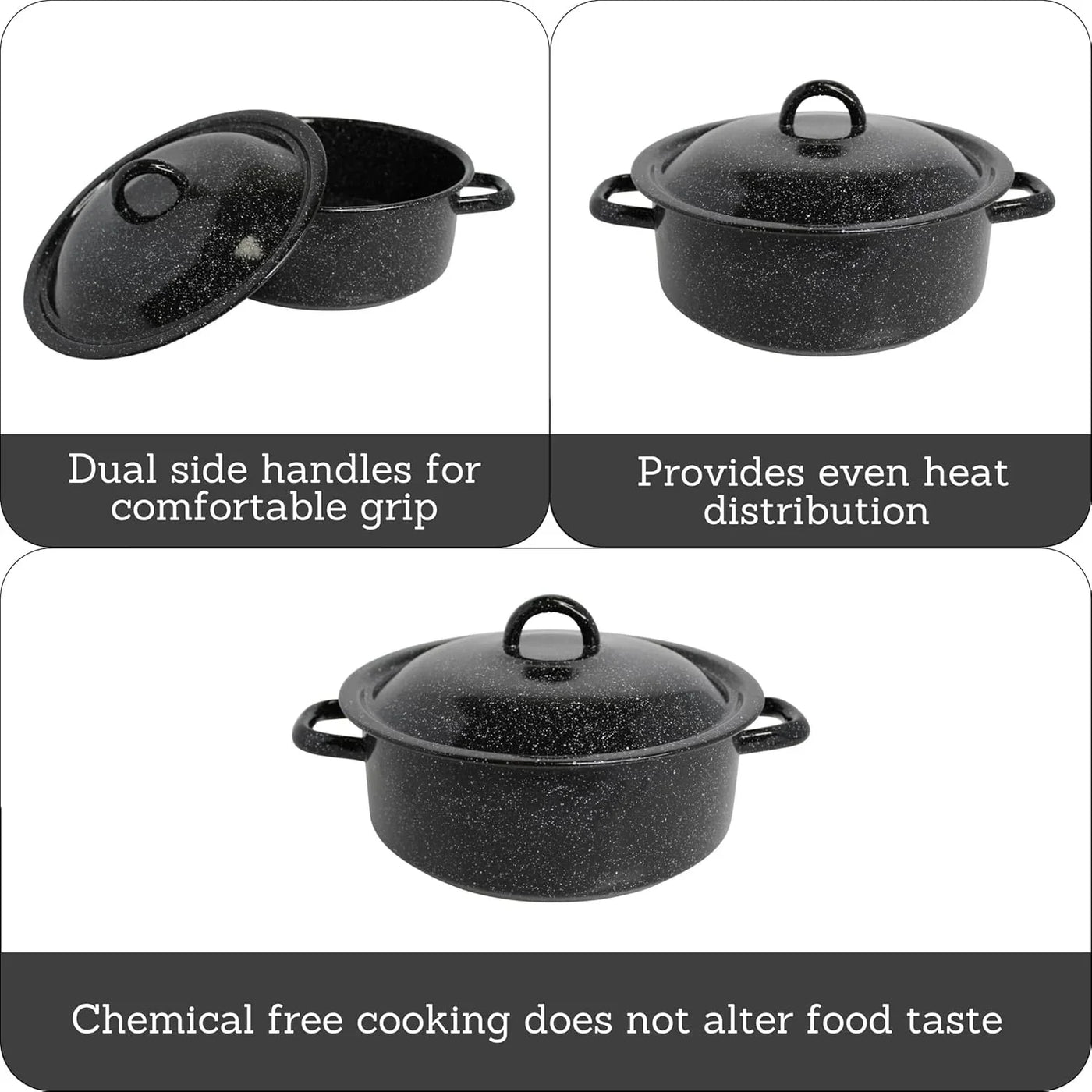 4.5 Quart Traditional Vintage Style Black Speckled Enamel on Steel Dutch Oven with Lid, (MIR-10701)