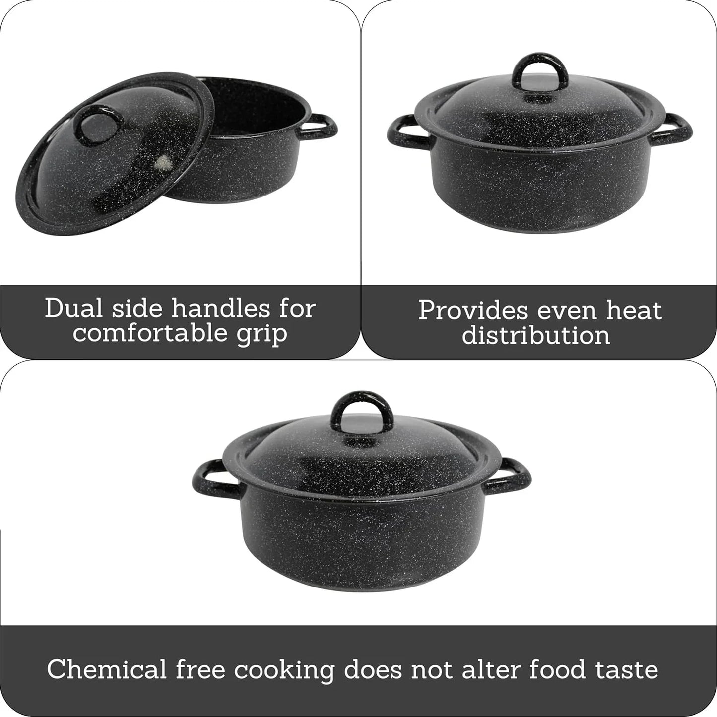 4.5 Quart Traditional Vintage Style Black Speckled Enamel on Steel Dutch Oven with Lid, (MIR-10701)