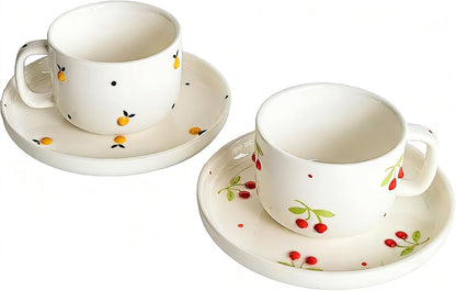 Ceramic Coffee Mug Set of 2, 8 Oz Cherry and Lemon Design Cups with Saucers, Red & Yellow Cute Tea Mugs, Porcelain Espresso Mug Set for Coffee, Tea, Breakfast, Gift